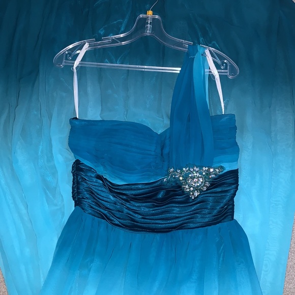 Cindy Blue Teal Ombré One Shoulder Flowy Formal Prom Dress - Picture 5 of 7